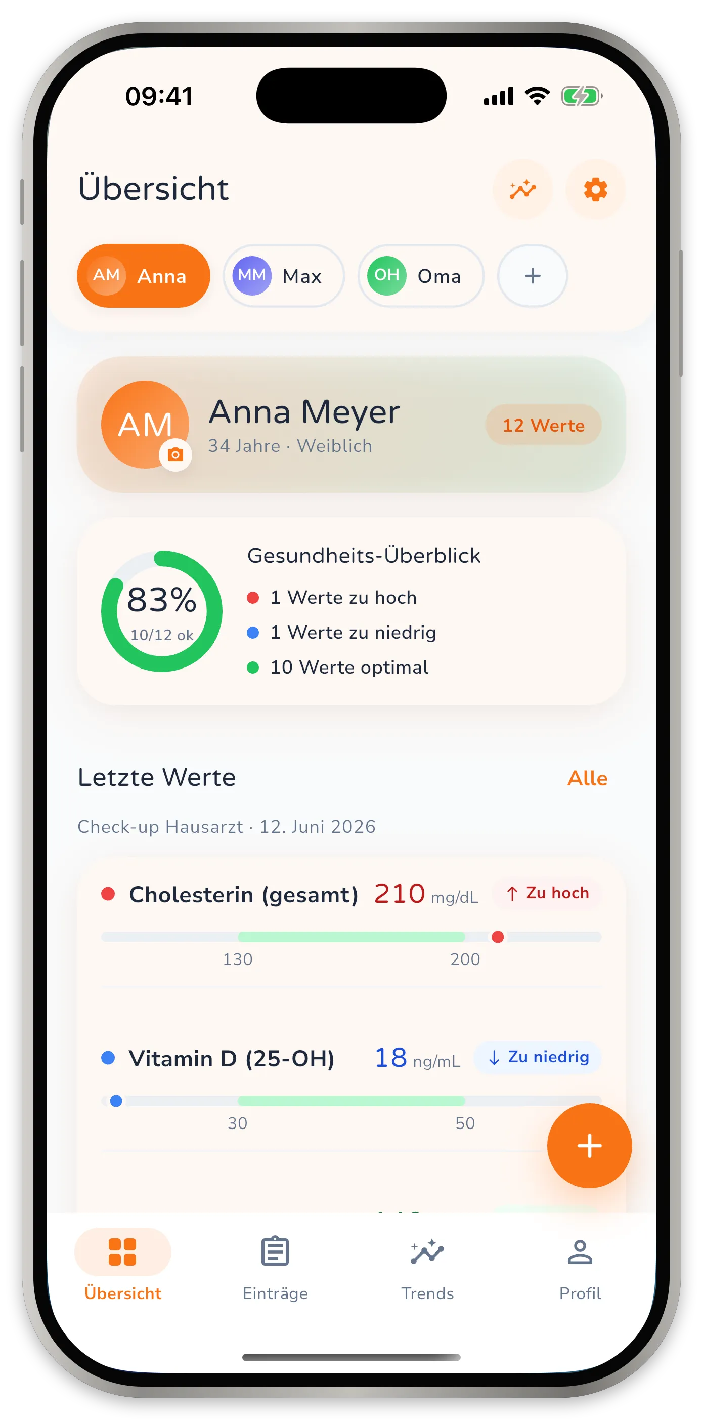 App-Übersicht mit Profilwechsler, Gesundheits-Überblick bei 83 Prozent und den letzten Laborwerten mit Referenzbalken