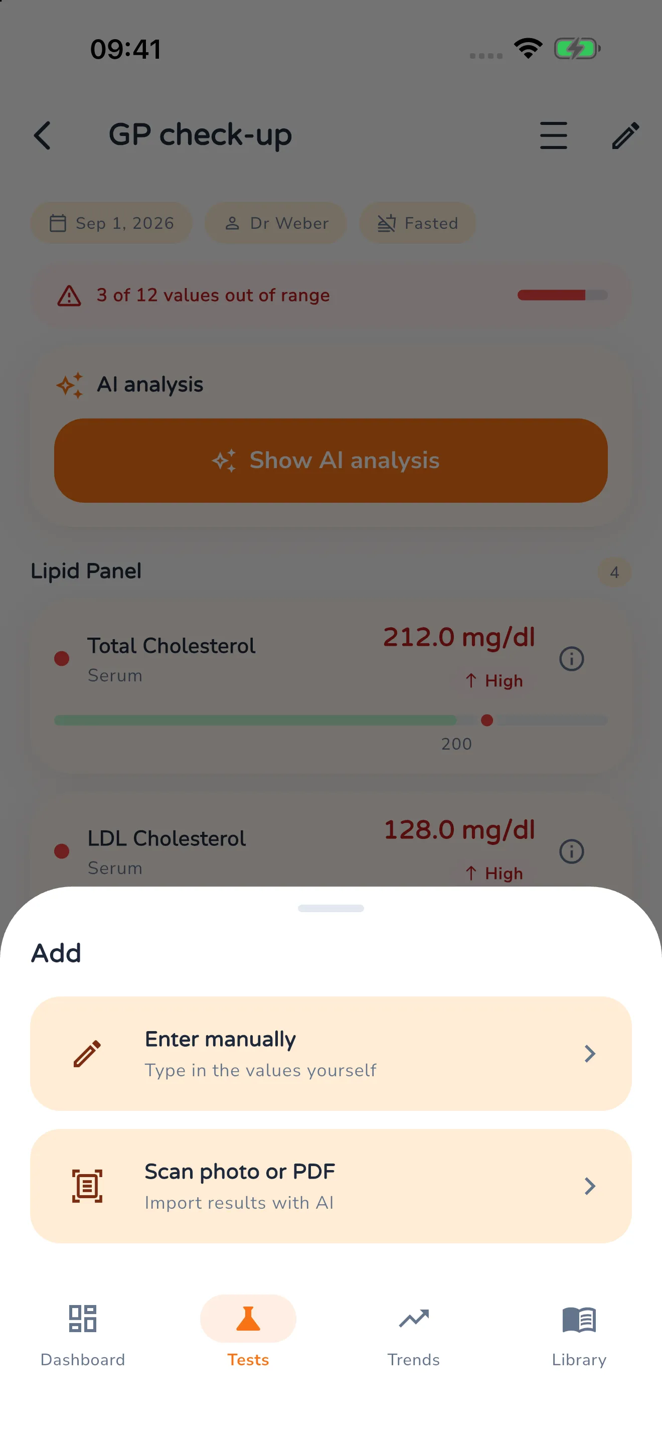 Add sheet over the test view with the two ways in: “Enter manually — type the values yourself” and “Scan photo or PDF — import values with AI”