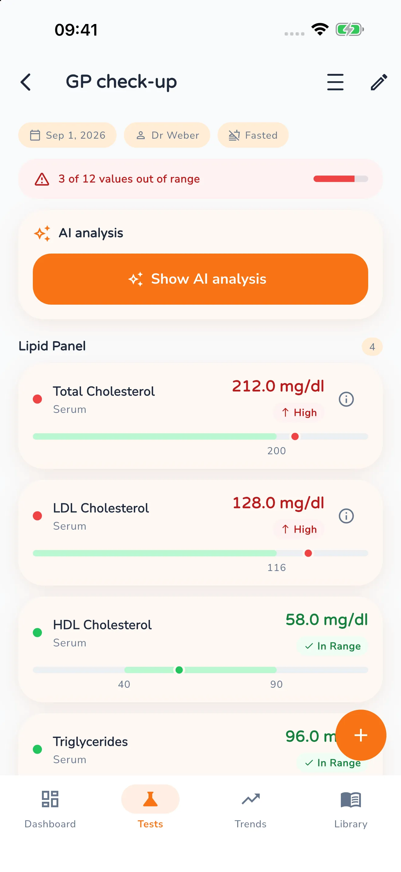 Detail view of the “GP check-up” test noting “3 of 12 values out of range”, with the lipid panel open: total cholesterol 212.0 mg/dl and LDL cholesterol 128.0 mg/dl marked “High”, HDL cholesterol 58.0 mg/dl “In Range” — each value on its own reference bar