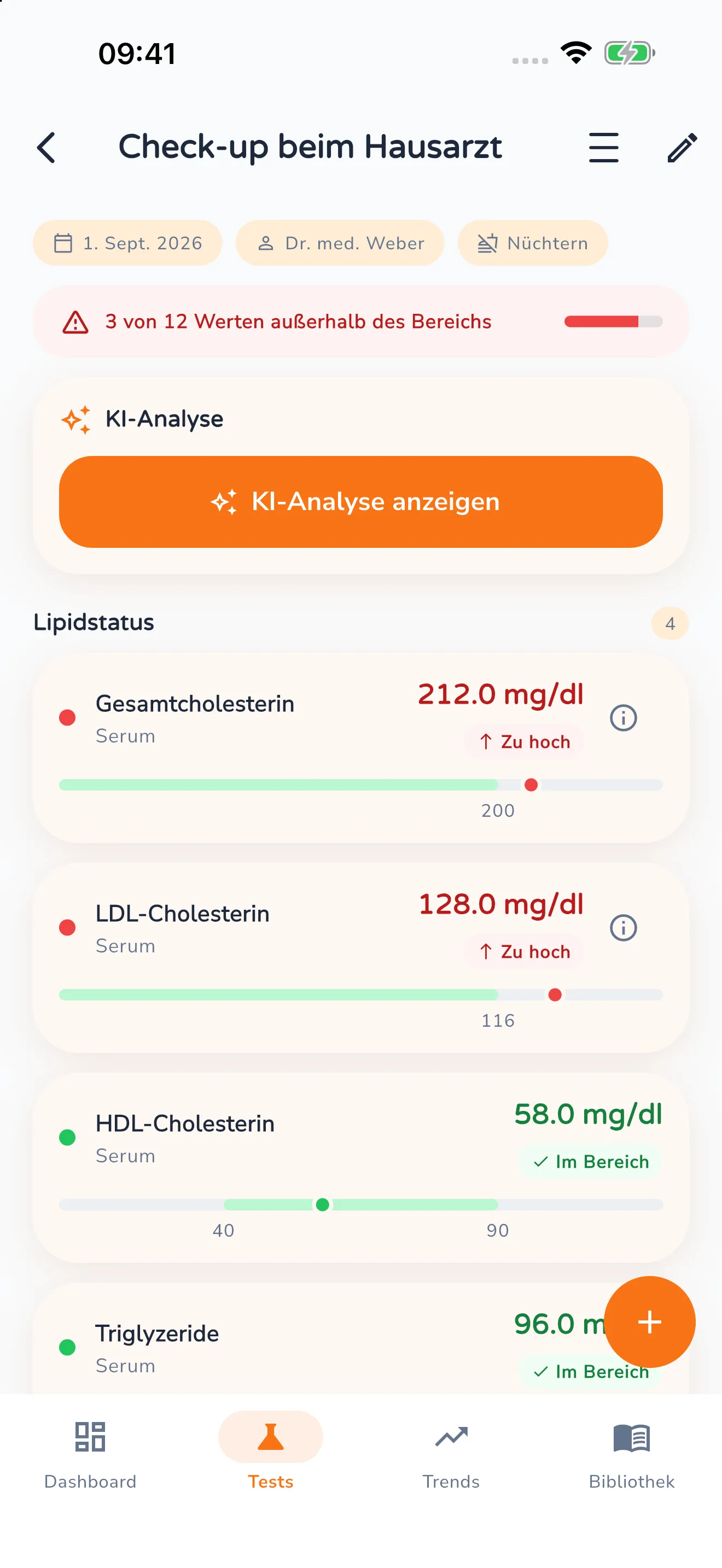 Detailansicht des Tests „Check-up beim Hausarzt" mit dem Hinweis „3 von 12 Werten außerhalb des Bereichs" und der Gruppe Lipidstatus: Gesamtcholesterin 212,0 mg/dl und LDL-Cholesterin 128,0 mg/dl „Zu hoch", HDL-Cholesterin 58,0 mg/dl „Im Bereich" — jeder Wert mit Referenzbalken