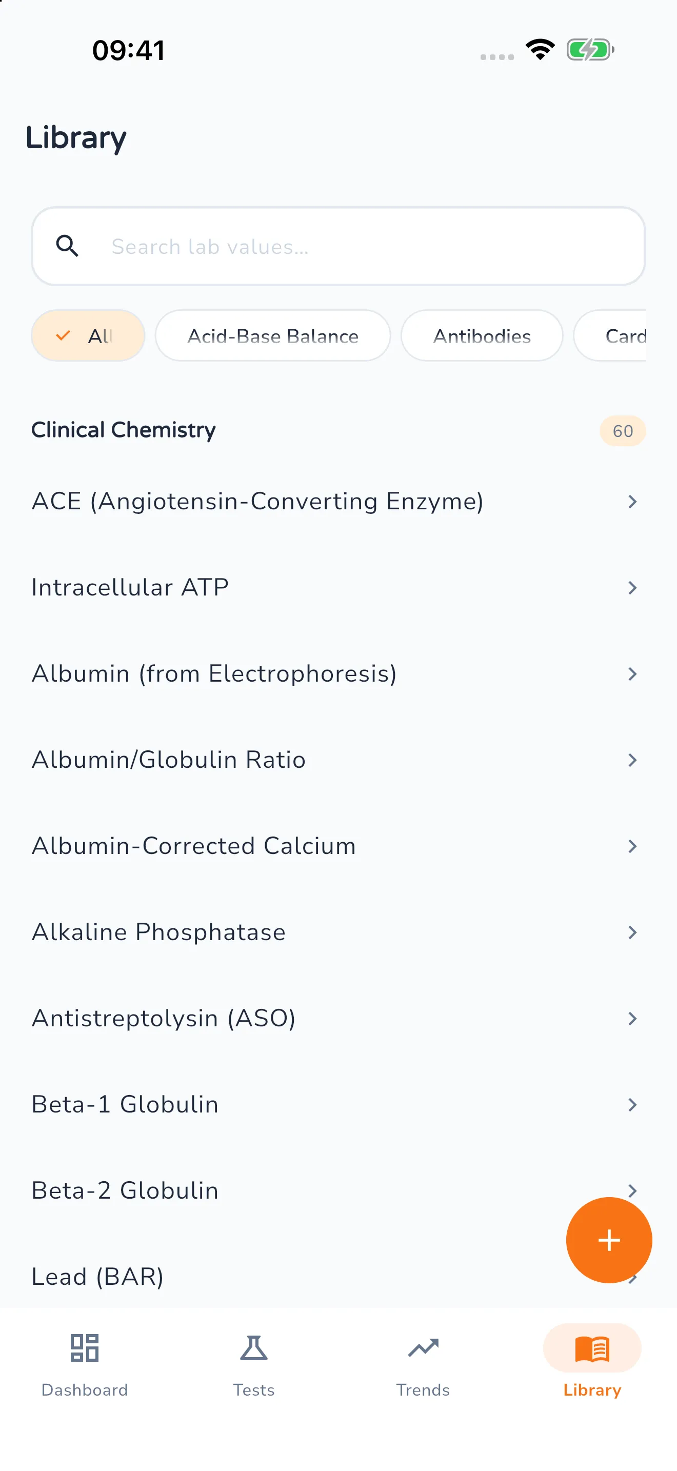 Library with a search field, category filters and the alphabetical list of the 60 lab values in the clinical chemistry group, from ACE to lead
