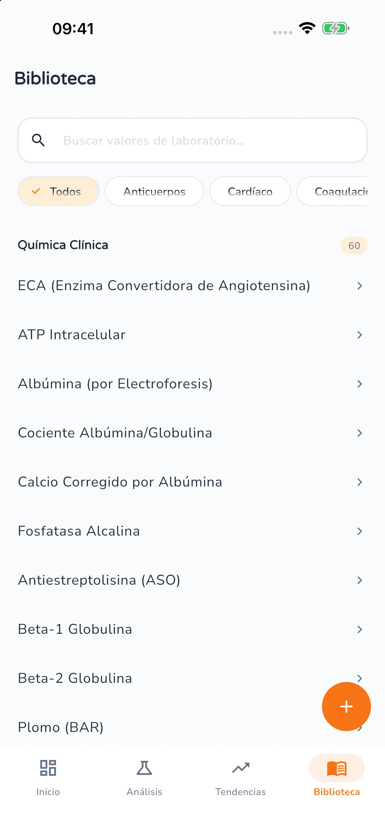 Biblioteca con campo de búsqueda, filtros por categoría y la lista alfabética de los 60 valores del grupo Química Clínica, de la ECA al plomo