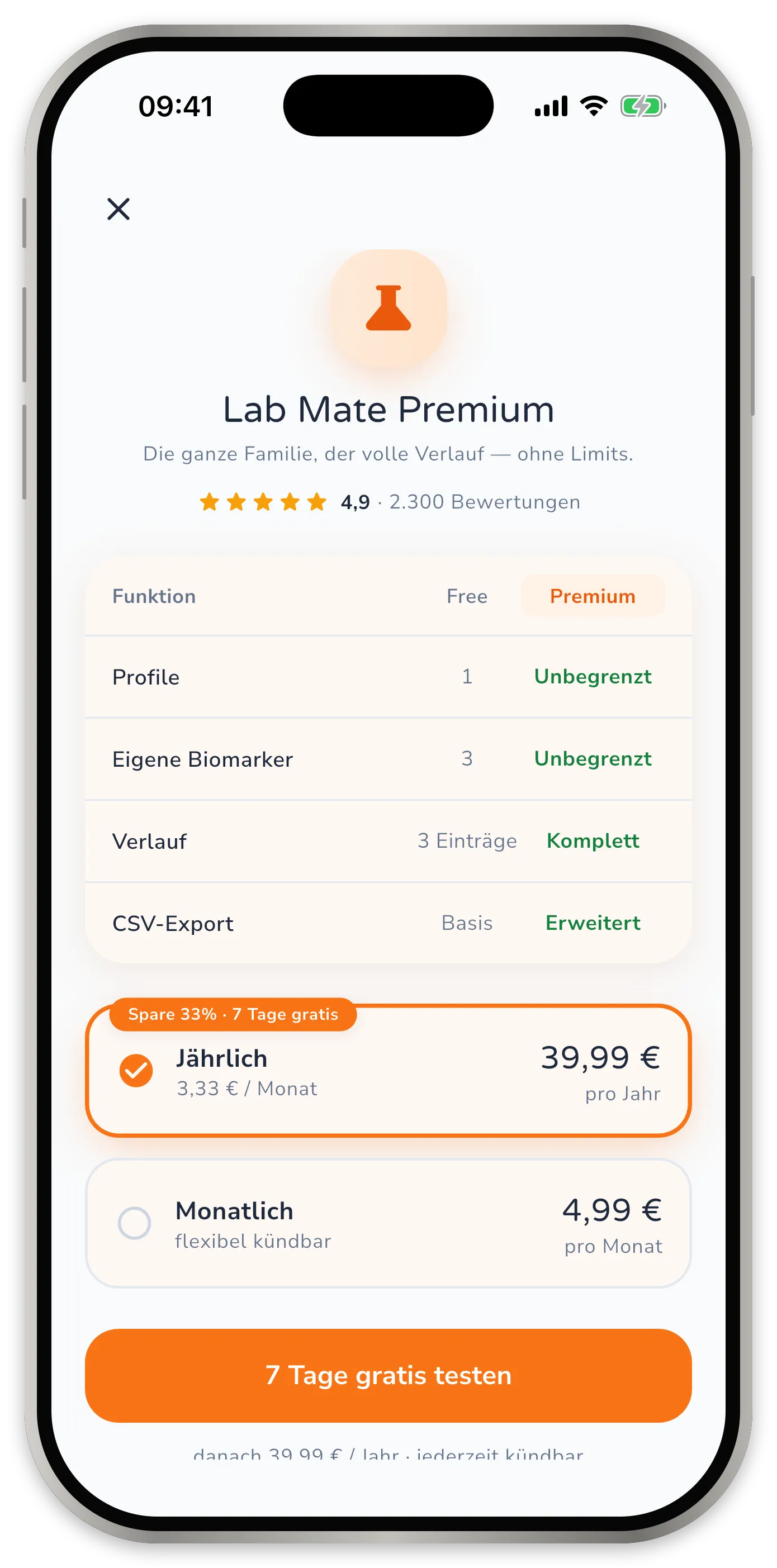 Premium-Seite der App mit Auflistung der enthaltenen Funktionen