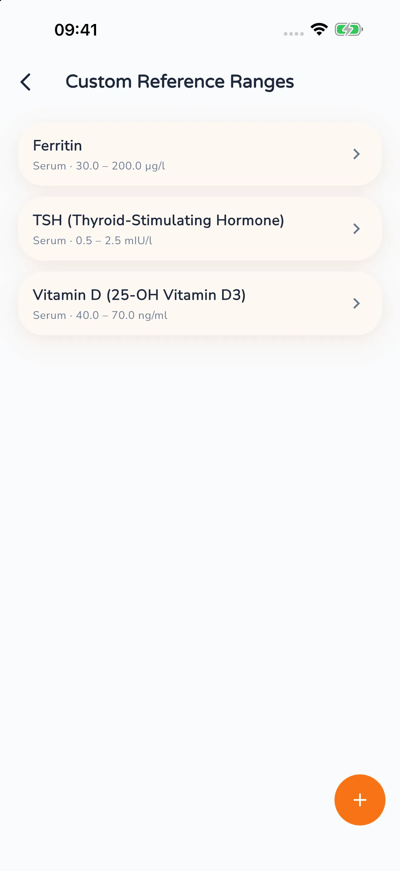 The “Custom Reference Ranges” list with three entries: ferritin 30.0 to 200.0 µg/l, TSH 0.5 to 2.5 mIU/l and vitamin D 40.0 to 70.0 ng/ml, each for serum