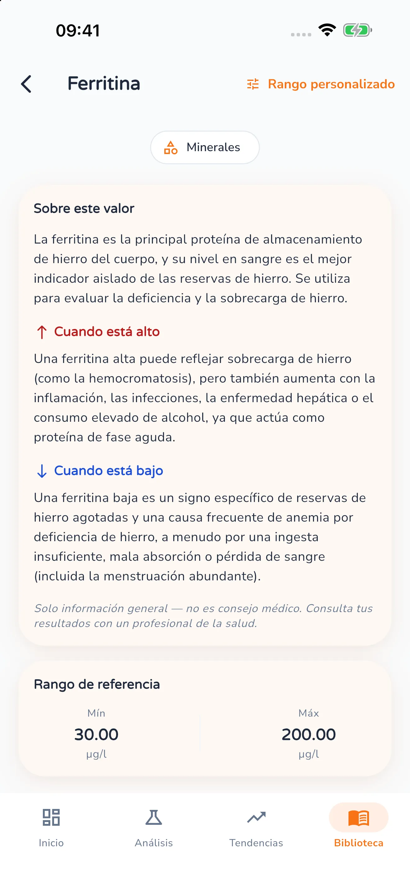 Entrada de la biblioteca sobre la ferritina con los apartados «Sobre este valor», «Cuando está alto» y «Cuando está bajo», el aviso de que no es asesoramiento médico y el rango de referencia de 30,00 a 200,00 µg/l