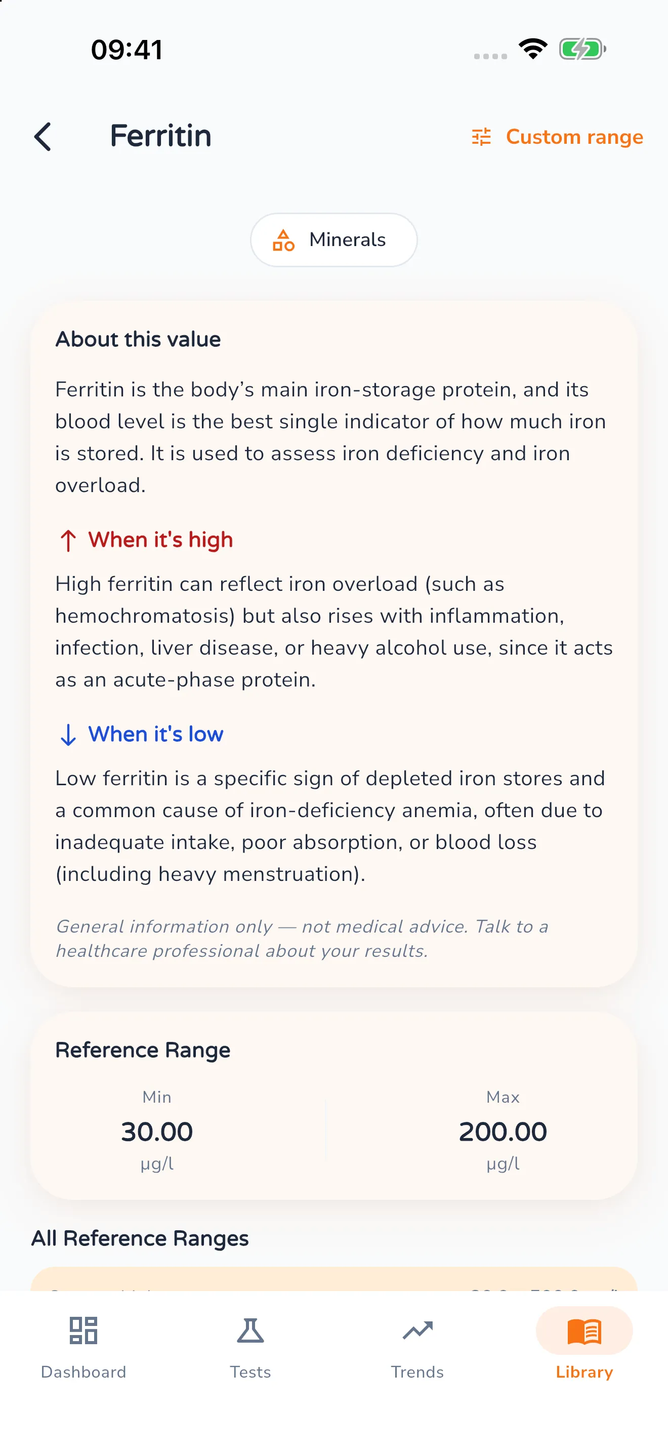 Library entry for ferritin with the sections “About this value”, “When it’s high” and “When it’s low”, the note that this is not medical advice, and the reference range 30.00 to 200.00 µg/l