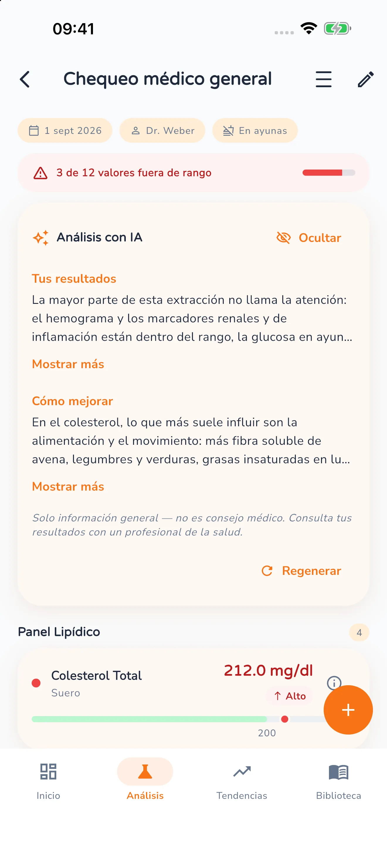 El análisis con IA desplegado dentro de la vista del análisis, con los apartados «Tus resultados» y «Cómo mejorar», el aviso de que no es asesoramiento médico y el botón «Regenerar»