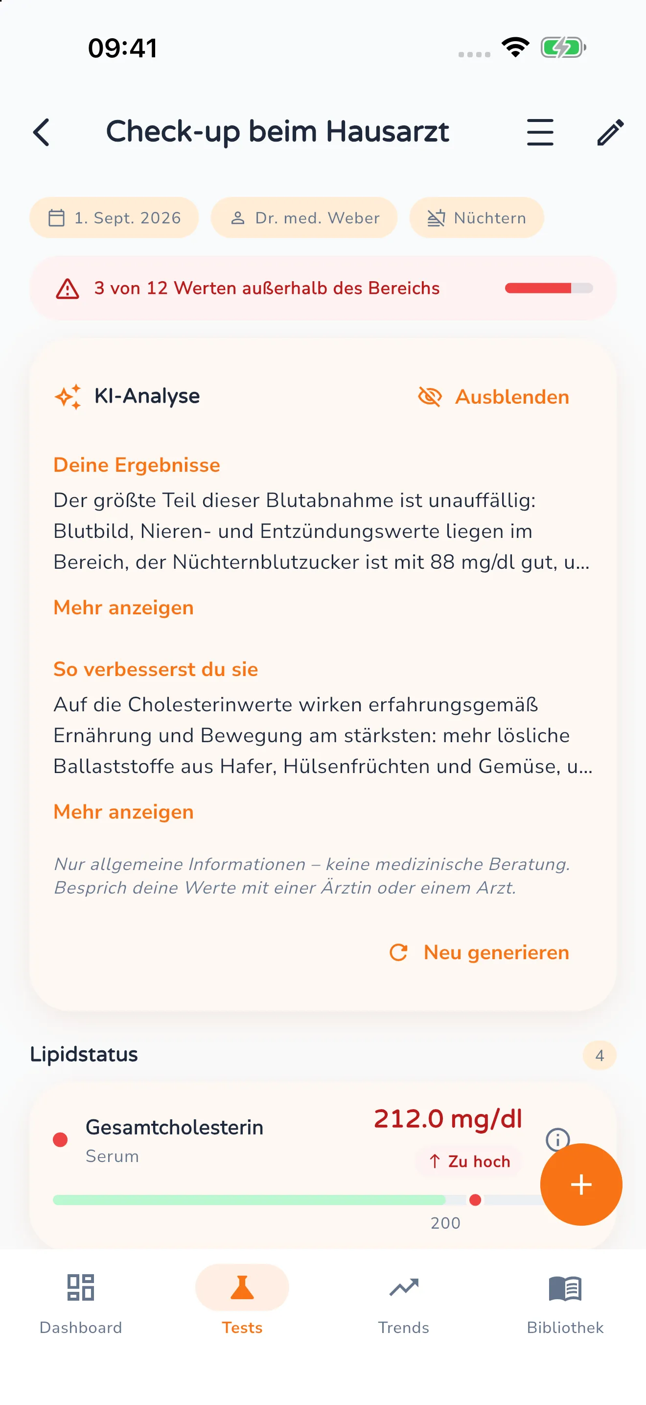 Aufgeklappte KI-Analyse in der Testansicht mit den Abschnitten „Deine Ergebnisse" und „So verbesserst du sie", dem Hinweis „keine medizinische Beratung" und dem Knopf „Neu generieren"