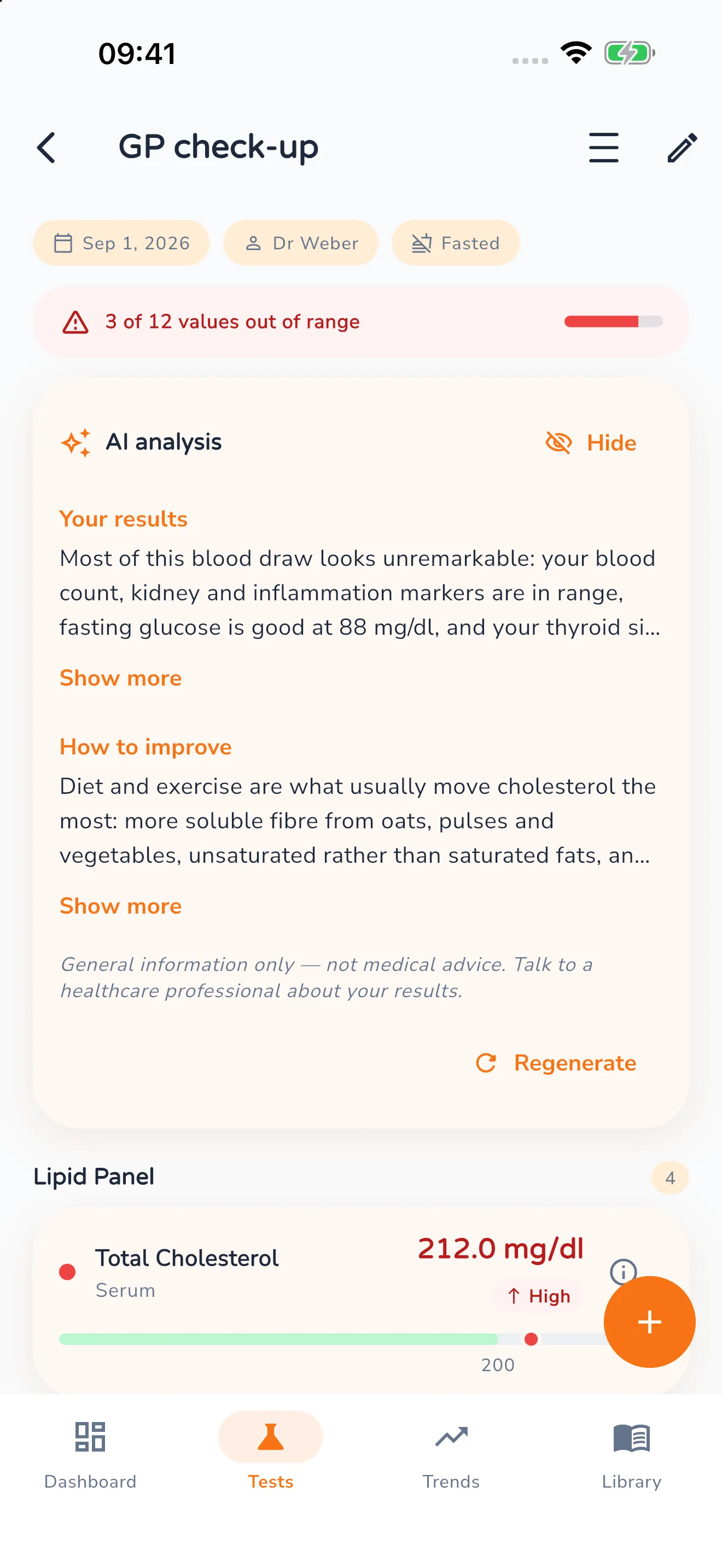 The AI analysis opened inside the test view, with the sections “Your results” and “How to improve”, the note that this is not medical advice, and the “Regenerate” button
